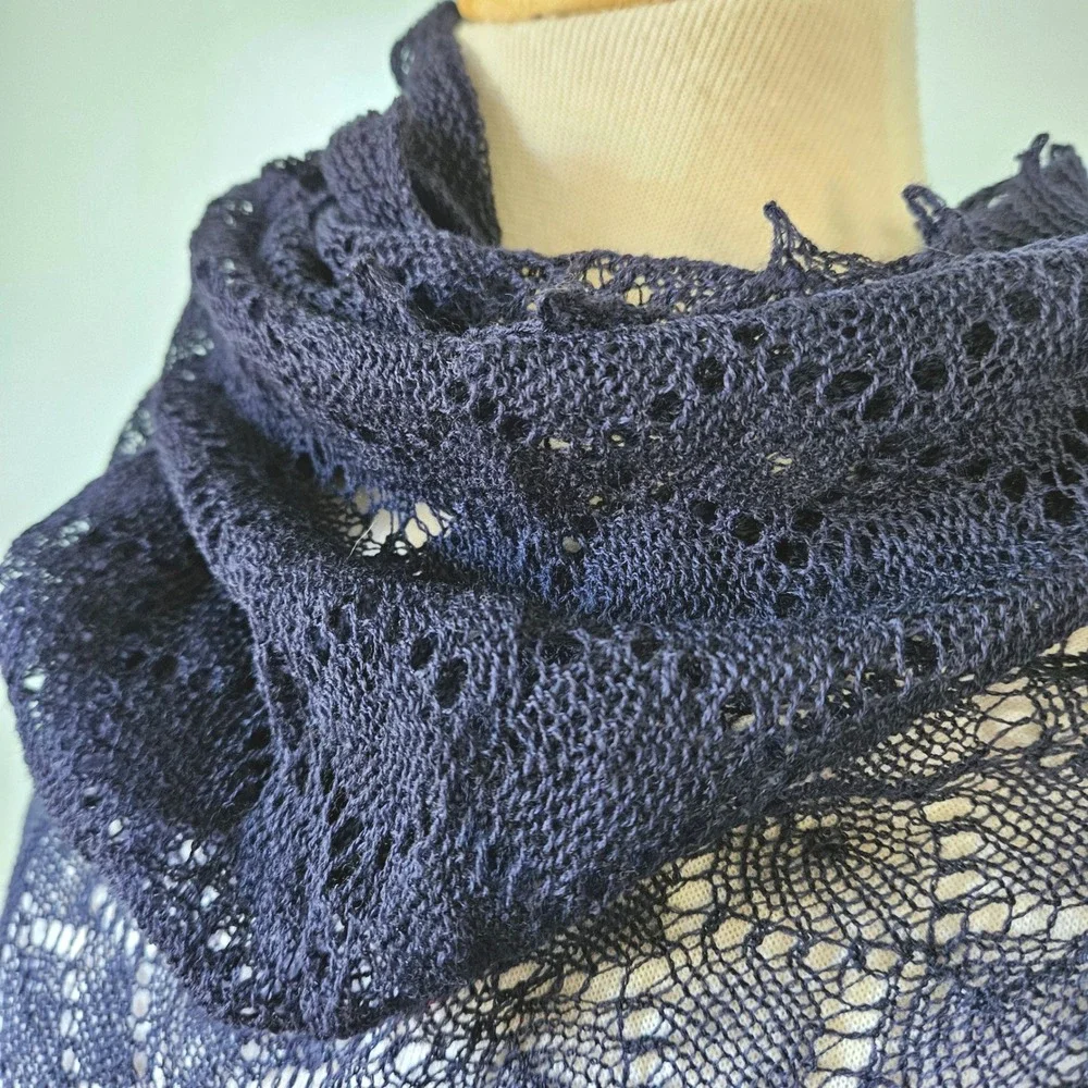 Laura Ashley Vintage 90s Navy 100% Wool Lace Knit Square Shawl Scarf Made in UK